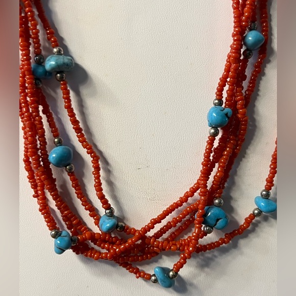 Vintage Artisan Crafted Red Coral & Turquoise 6-Strand Necklace - Picture 5 of 12